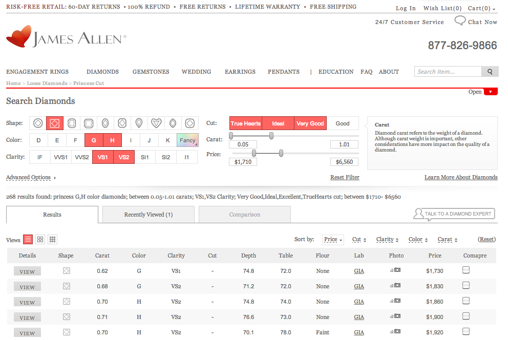 Best Online Jewelers: James Allen diamond search tool.