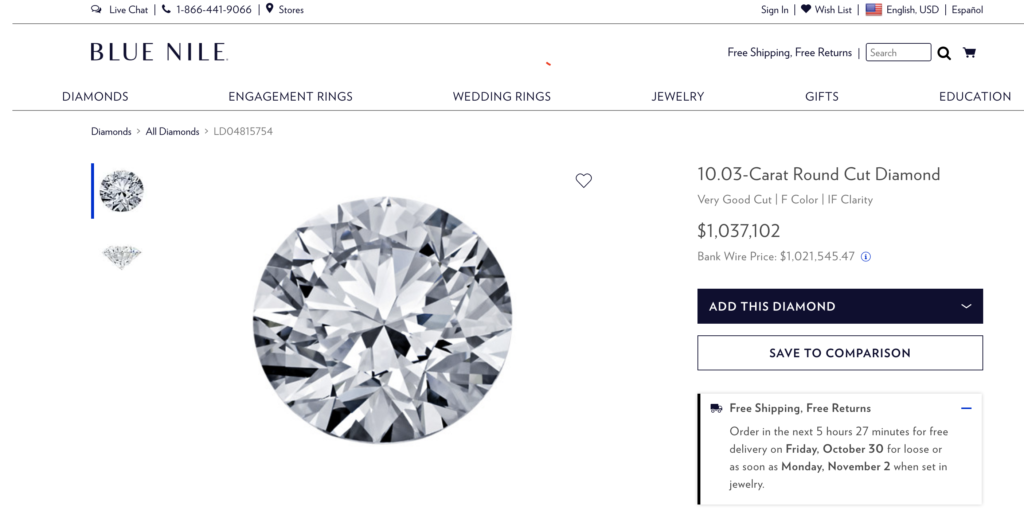 Screenshot of a 10 carat diamond sold at Blue Nile for over $1 million!