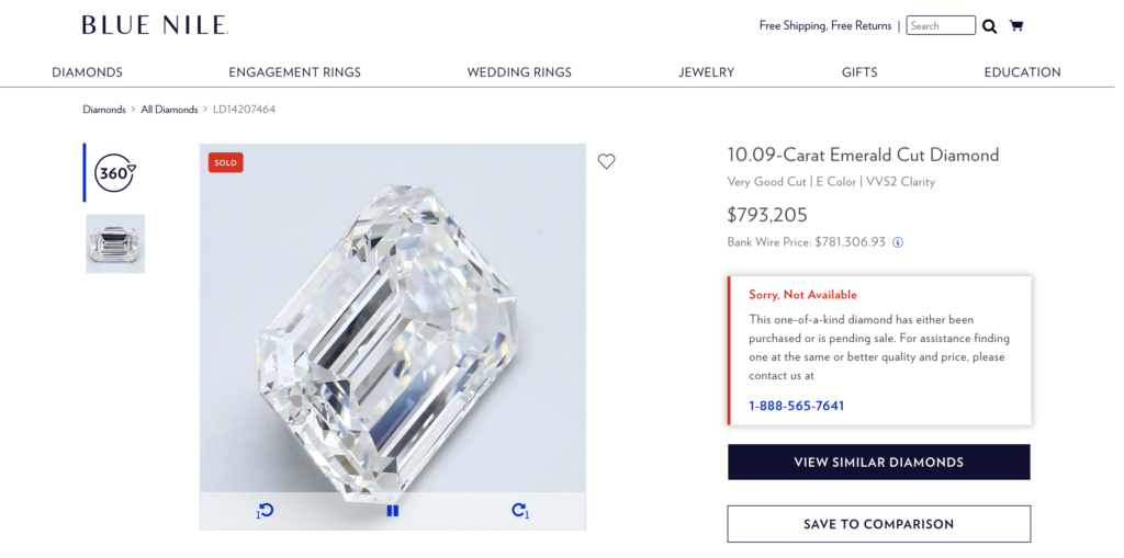 Screenshot of a 10 carat diamond sold at Blue Nile for $793,205!
