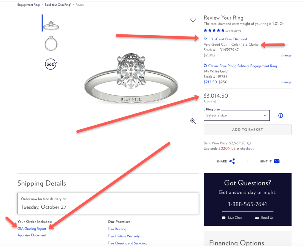 A screenshot of a 1 carat engagement ring for sale on Blue Nile.