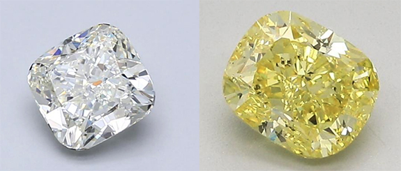 A fancy yellow cushion-cut diamond compared to a yellow-tinted K color traditional diamond.