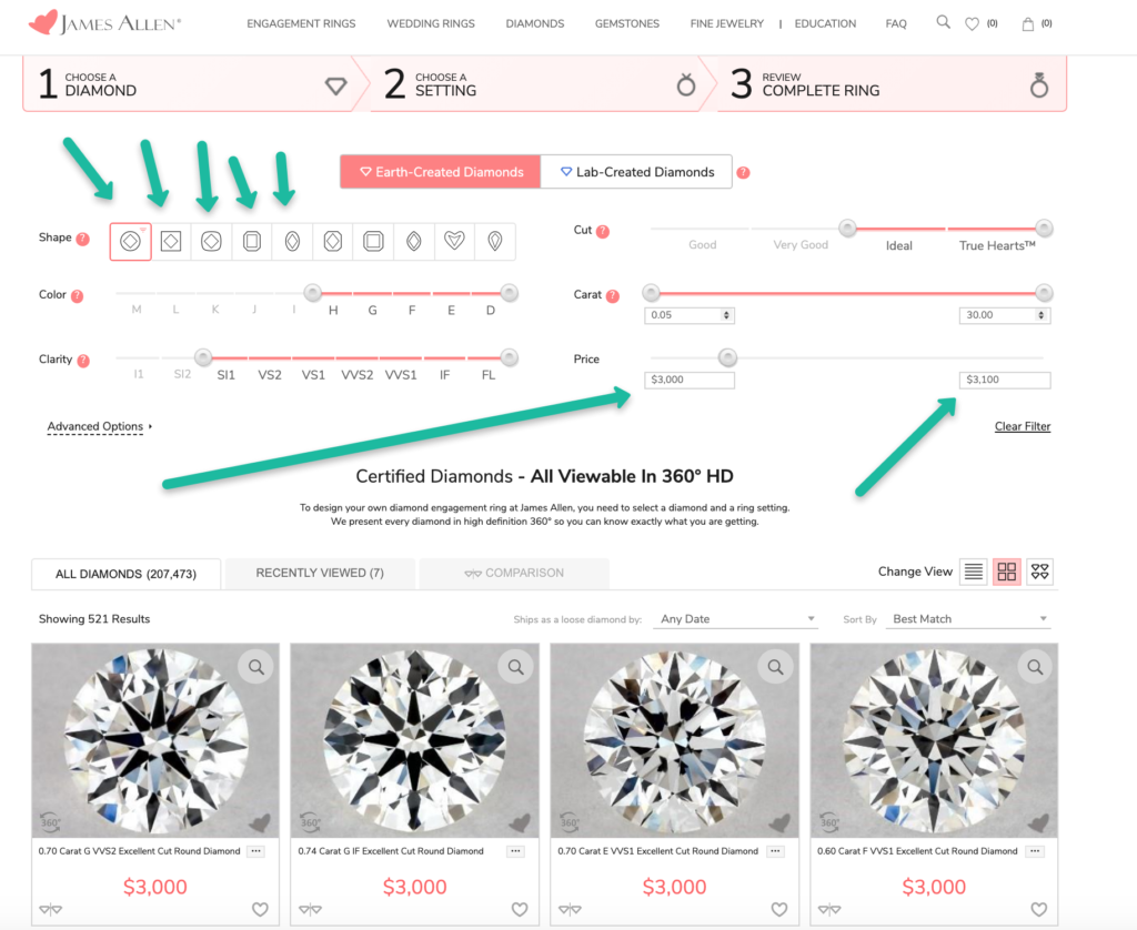 A guide to filtering diamonds on JamesAllen.com.