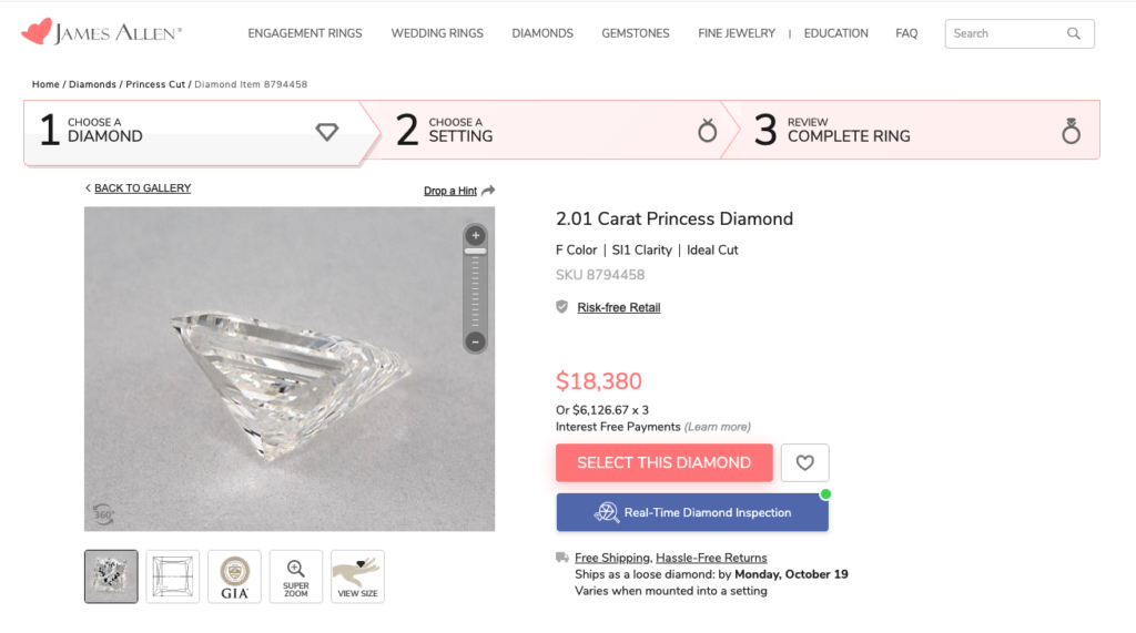 James Allen screenshot showing a 2 carat princess diamond.