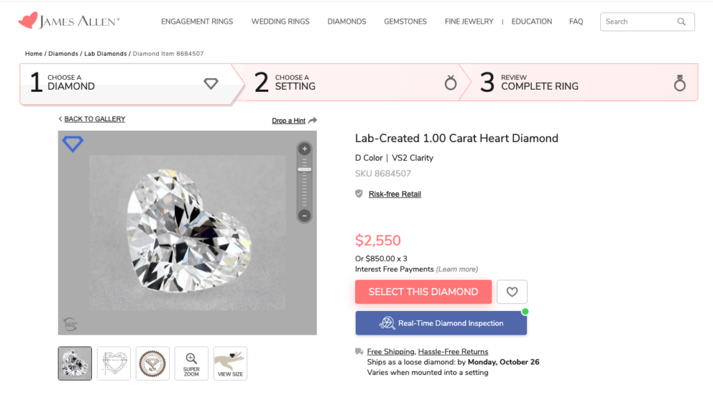 James Allen screenshot showing a 1.00 carat lab-created heart-shaped diamond.