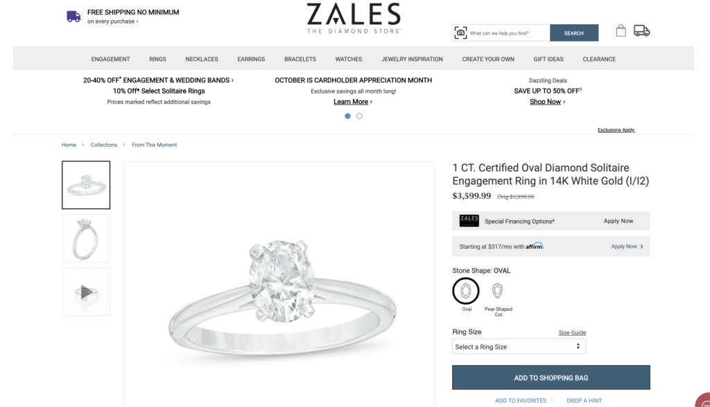 Screenshot of a 1 carat diamond engagement ring at Zales.com.