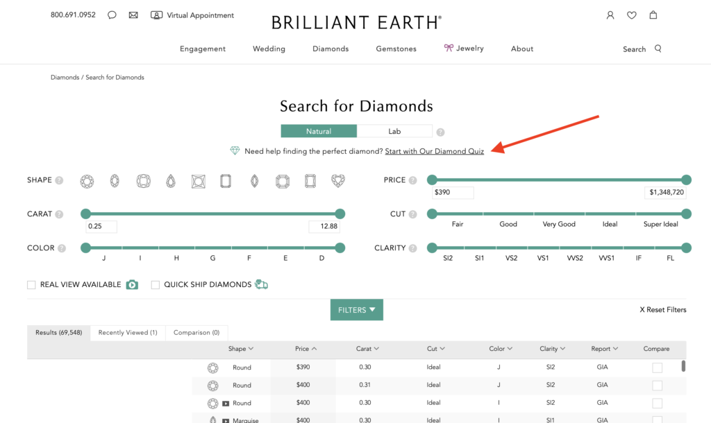 Brilliant Earth's diamond buying filter and quiz.