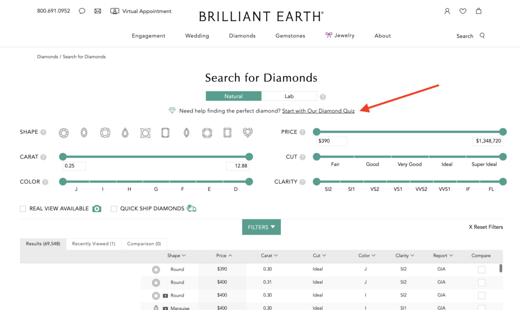 Brilliant Earth's diamond quiz will help you find the perfect diamond.