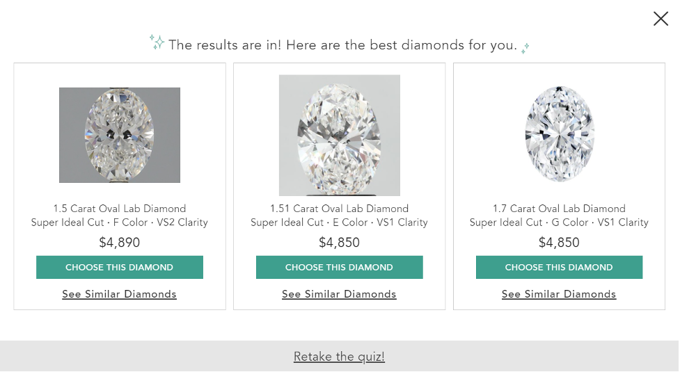 Example results of Brilliant Earth's diamond quiz.