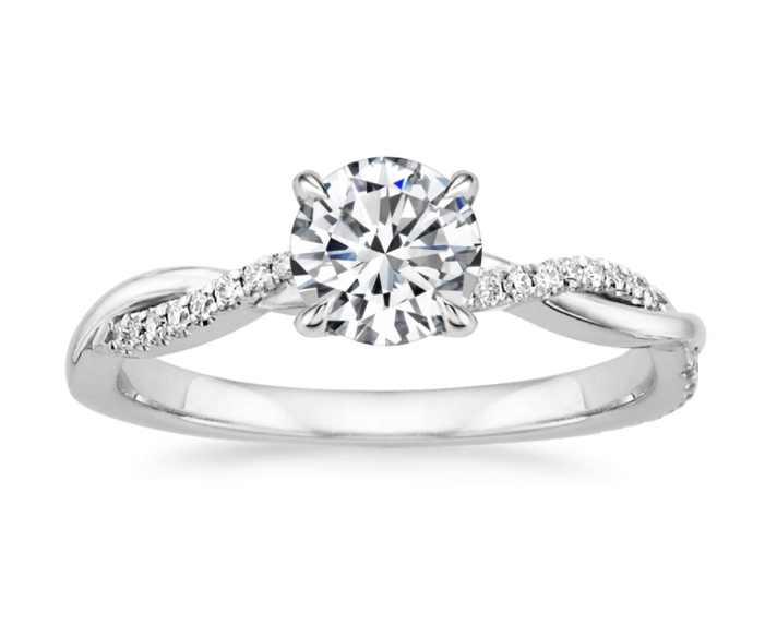 18K White Gold Petite Twisted Vine Diamond Engagement Ring set with a ¾ carat round diamond