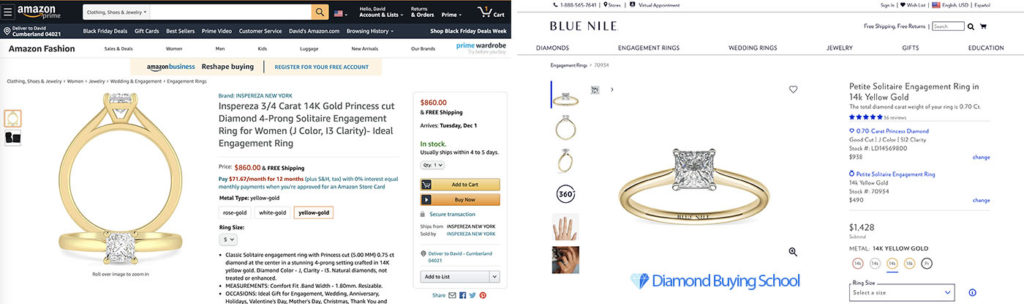 Comparing two 3/4-carat engagement rings for sale on Amazon and at Blue Nile.
