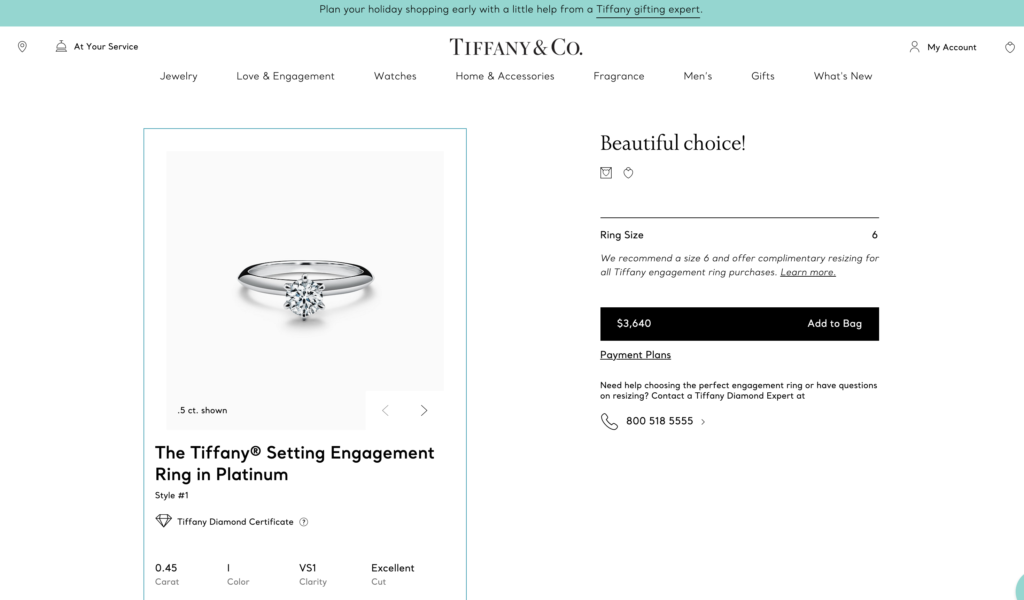 A half-carat solitaire diamond engagement ring from Tiffany & Co. Very pricey!