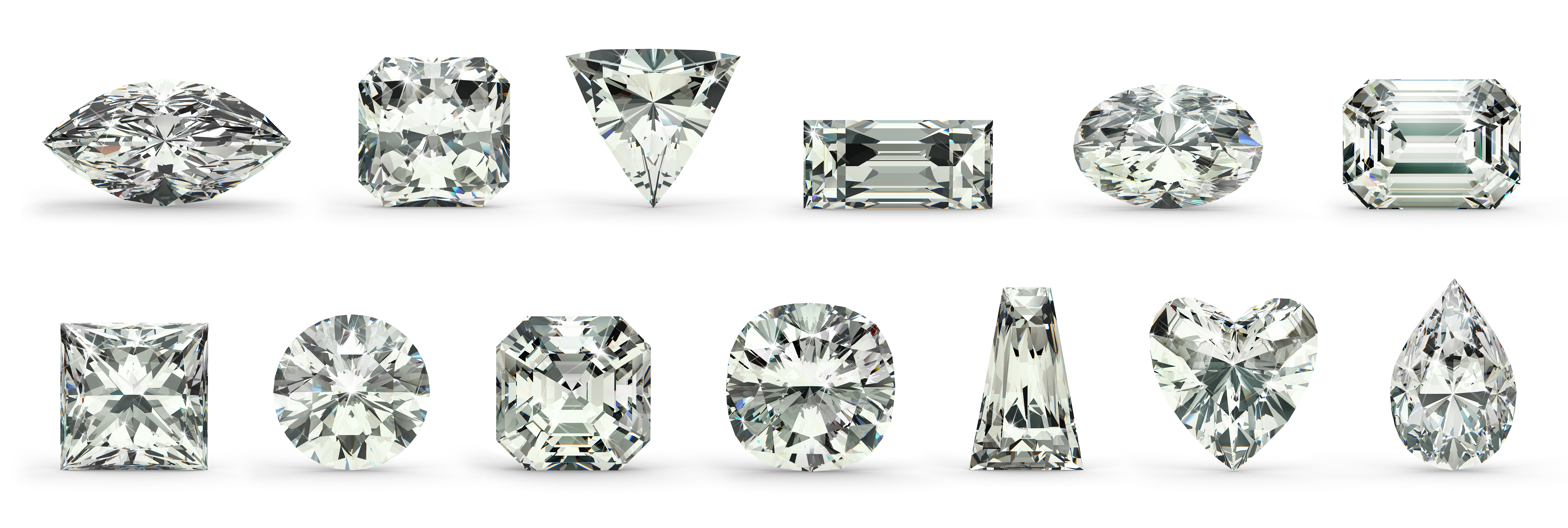 Twelve different diamond shapes (or cuts) that can be used for engagement rings.
