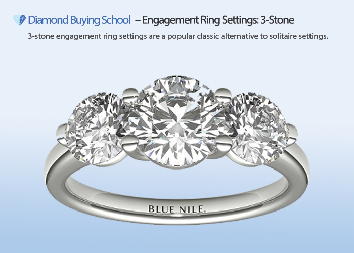 DiamondBuyingSchool.com: 3-stone settings are a classic alternative to solitaire engagement rings.