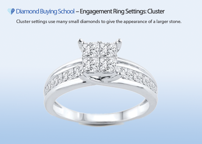DiamondBuyingSchool.com: The cluster engagement ring setting uses many smaller gemstones to create a larger appearance.