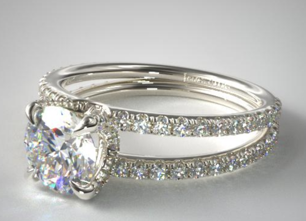 A split-shank pavé engagement ring setting.