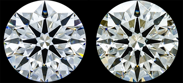 The 4Cs of diamonds. Comparing diamonds of different color grades. A colorless (D) diamond vs a yellow (K) diamond.