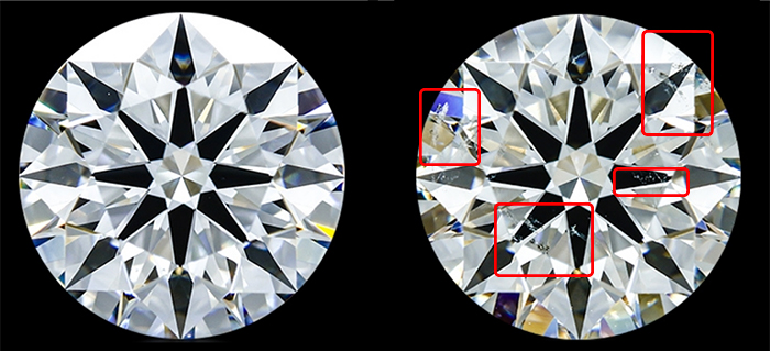 4Cs of diamonds: Comparing diamonds of different clarity grades. A VS1 round diamond vs a SI2 round diamond.